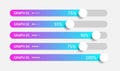 Modern colorful purple and blue gradient 3d chart, graph. Template for horizontal diagram, presentation. 5 Infographics