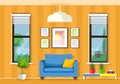 Modern colorful room interior with furniture: armchair, table, windows, flowerpots.