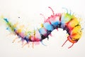 Modern colorful watercolor painting of a caterpillar, textured white paper background, vibrant paint splashes. Created with