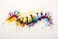 Modern colorful watercolor painting of a caterpillar, textured white paper background, vibrant paint splashes. Created with