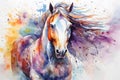 Modern Colorful Watercolor Painting Of A Horse Or Mare, Textured White Paper Background, Vibrant Paint Splashes. Created With