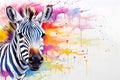 Modern colorful watercolor painting of a zebra, textured white paper background, vibrant paint splashes. Created with generative