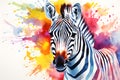 Modern colorful watercolor painting of a zebra, textured white paper background, vibrant paint splashes. Created with generative