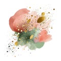 Modern colorful watercolor splash blot splatter stain with gold glitters. Green red pink watercolor brush strokes. Beautiful Royalty Free Stock Photo