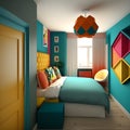 Modern colourful room with teal blue, red, yellow and orange accents - too much colo Royalty Free Stock Photo