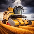 Modern combine harvester in action. Combine harvester agriculture machine harvesting golden ripe wheat field. generative AI