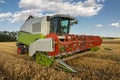 Modern combine, harvester, harvesting on wheat field, cloudy sky Royalty Free Stock Photo