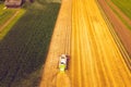 A modern combine harvester working a wheat field, aerial view Royalty Free Stock Photo