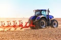 modern combine harvester works in the field. Sowing and harvesting. Royalty Free Stock Photo