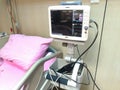 Vital signs monitoring display in ICU showing heart rate, pulse , and blood pressure . Modern medical monitor with ECG