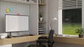 Modern comfortable office workplace interior design with PC desktop computer mockup Royalty Free Stock Photo