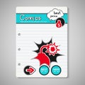 Modern comics book cover, brochure, book, flyer - design template with bubble and blast bomb on lined paper