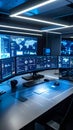 Modern command center with multiple glowing computer screens displaying world maps and data Royalty Free Stock Photo