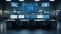 Modern Command Center With Multiple Monitors Displaying Complex Data Royalty Free Stock Photo