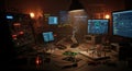 Modern command center with multiple monitors displaying data and graphs for high-tech operations Royalty Free Stock Photo