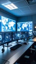 Modern command center with multiple screens displaying global maps and digital data interfaces for secure monitoring. Royalty Free Stock Photo