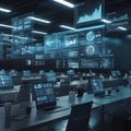 Modern Command Center with Real-Time Global Data Visualization on Multiple Screens. Royalty Free Stock Photo