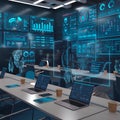 Modern Command Center with Real-Time Global Data Visualization on Multiple Screens. Royalty Free Stock Photo