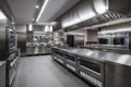 modern commercial kitchen, with sleek ovens and ranges paired with other high-tech cooking equipment