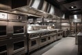 modern commercial kitchen, with sleek ovens and ranges paired with other high-tech cooking equipment