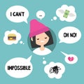 Modern communication concept: Unhappy girl surrounded by speaking and thinking bubbles / flat editable vector illustration
