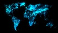 Modern communications network map of the world on dark background, 3D rendering Royalty Free Stock Photo