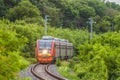 Modern commuter passenger red train is traveling along a single-track railway