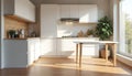 Modern compact kitchen with glossy white cabinets, efficient space-saving design. Features pull-out storage, small island for Royalty Free Stock Photo