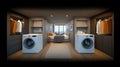Modern, compact laundry room integrated with a bedroom. Features built-in storage, washer and dryer, and a comfortable bed Royalty Free Stock Photo