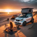 A modern compact smart camper van on a beach dune during a tranquil sunset, ai generated