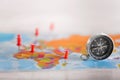 Modern compass with pushpins on world map Royalty Free Stock Photo