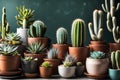 Modern composition of home garden filled a lot of beautiful plants, cacti, succulents, air plant in different design pots Royalty Free Stock Photo
