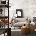 Modern composition of indiustral living room interior with mock up poster frame, gray sofa, round wooden coffee table, brown Royalty Free Stock Photo