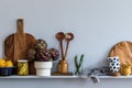 Modern composition on the kitchen interior with vegetables cutting board, food, herbs, kitchen accessories and copy space. Royalty Free Stock Photo