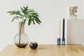 Modern composition of living room interior with wooden table, tropical leaf in vase, candelstick, decoration.