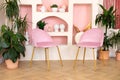 Modern composition of wabi sabi interior with arch shelf with home decoration and pink chairs.