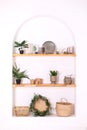 Modern composition of wabi sabi interior with arch shelf with stylish home decoration.