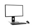 Modern computer with blank monitor screen and peripherals on white background