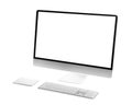 Modern computer with blank monitor screen and peripherals on white background