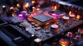 Modern computer board microcircuit microchip motherboard with processor