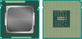 Modern computer core processing unit CPU, front and back face, isolated on white background.