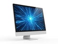 Modern computer display with digital explosion effect isolated on white background Royalty Free Stock Photo