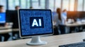Modern computer displaying ai programming code on screen on blurred office background Royalty Free Stock Photo