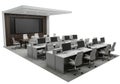 Modern computer lab setup with multiple workstations and large display screen Royalty Free Stock Photo