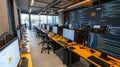 Modern Computer Lab with Yellow Desks and Code on the Wall Royalty Free Stock Photo