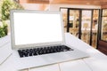 Modern computer,laptop with blank screen on white table with Royalty Free Stock Photo