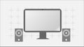 A modern computer and loudspeakers. Flat design. Gray screen. LCD panel