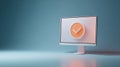 Modern computer monitor displaying a large orange checkmark symbol on a blue gradient background with reflective surface Royalty Free Stock Photo
