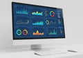Modern computer monitor displaying various analytics and data visualization dashboards isolated on white background Royalty Free Stock Photo