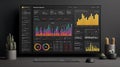 Modern computer screen displaying complex data visualizations and graphs with futuristic interface Royalty Free Stock Photo